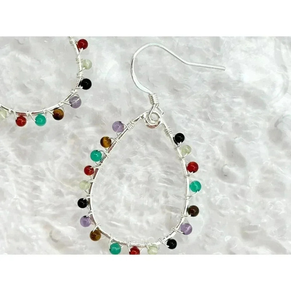 Sterling Silver Rainbow Quartz Gemstone Lined Teardrop Vintage Hoop Earrings - Picture 2 of 9
